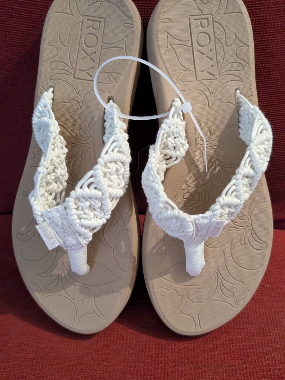 Roxy Women’s White Macramé Thong Sandals with Tan Footbed